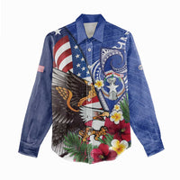 United States and Northern Mariana Islands Women Casual Shirt USA Flag Eagle CNMI Latte Stone Tropical Flowers LT14 - Polynesian Pride