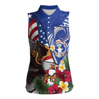 United States and Northern Mariana Islands Women Sleeveless Polo Shirt USA Flag Eagle CNMI Latte Stone Tropical Flowers LT14 Female Blue - Polynesian Pride