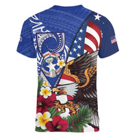 United States and Northern Mariana Islands Women V-Neck T-Shirt USA Flag Eagle CNMI Latte Stone Tropical Flowers