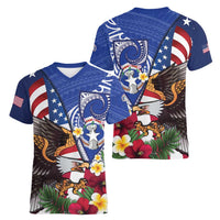 United States and Northern Mariana Islands Women V-Neck T-Shirt USA Flag Eagle CNMI Latte Stone Tropical Flowers