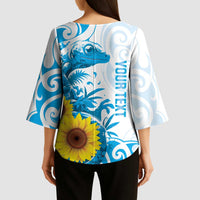 New Zealand Autism Awareness Month Kimono Sleeve Blouse Takiwatanga Maori Lizard With Sunflower - Polynesian Pride