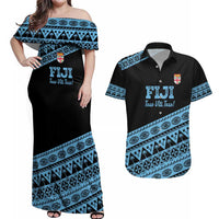 Fiji Rugby 2025 Custom Couples Matching Off Shoulder Maxi Dress and Hawaiian Shirt Fijian Tapa Toso Viti Toso - Black