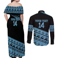 Fiji Rugby 2025 Custom Couples Matching Off Shoulder Maxi Dress and Long Sleeve Button Shirt Fijian Tapa Toso Viti Toso - Black
