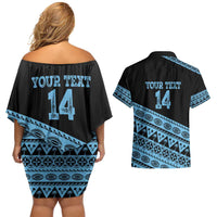 Fiji Rugby 2025 Custom Couples Matching Off Shoulder Short Dress and Hawaiian Shirt Fijian Tapa Toso Viti Toso - Black