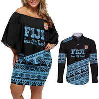 Fiji Rugby 2025 Custom Couples Matching Off Shoulder Short Dress and Long Sleeve Button Shirt Fijian Tapa Toso Viti Toso - Black