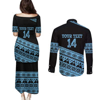 Fiji Rugby 2025 Custom Couples Matching Puletasi and Long Sleeve Button Shirt Fijian Tapa Toso Viti Toso - Black