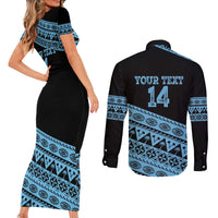 Fiji Rugby 2025 Custom Couples Matching Short Sleeve Bodycon Dress and Long Sleeve Button Shirt Fijian Tapa Toso Viti Toso - Black
