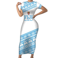 Fiji Rugby 2025 Custom Family Matching Short Sleeve Bodycon Dress and Hawaiian Shirt Fijian Tapa Toso Viti Toso - White