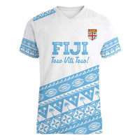 Fiji Rugby 2025 Custom Women V-Neck T-Shirt Fijian Tapa Toso Viti Toso - White