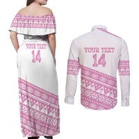 Fiji Rugby 2025 Custom Couples Matching Off Shoulder Maxi Dress and Long Sleeve Button Shirt Fijian Tapa Toso Viti Toso - Pink
