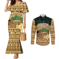 Bula Fiji Kava Bowl Couples Matching Mermaid Dress and Long Sleeve Button Shirt Fijian Tapa Cloth Vintage Vibe