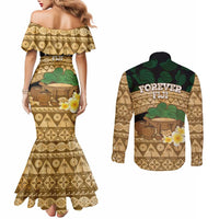 Bula Fiji Kava Bowl Couples Matching Mermaid Dress and Long Sleeve Button Shirt Fijian Tapa Cloth Vintage Vibe