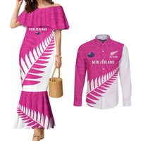 New Zealand Silver Fern Rugby Custom Couples Matching Mermaid Dress and Long Sleeve Button Shirt Go All Black Maori Pink Version LT14 Pink - Polynesian Pride