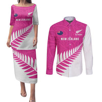 New Zealand Silver Fern Rugby Custom Couples Matching Puletasi and Long Sleeve Button Shirt Go All Black Maori Pink Version LT14 Pink - Polynesian Pride