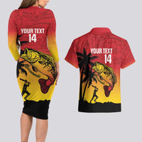 Custom Papua New Guinea Cricket Couples Matching Long Sleeve Bodycon Dress and Hawaiian Shirt PNG Barramundis - Polynesian Pride