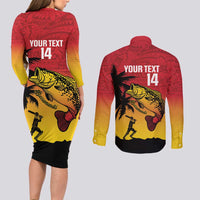 Custom Papua New Guinea Cricket Couples Matching Long Sleeve Bodycon Dress and Long Sleeve Button Shirt PNG Barramundis - Polynesian Pride