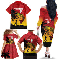 Custom Papua New Guinea Cricket Family Matching Off The Shoulder Long Sleeve Dress and Hawaiian Shirt PNG Barramundis - Polynesian Pride