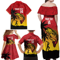 Custom Papua New Guinea Cricket Family Matching Off Shoulder Maxi Dress and Hawaiian Shirt PNG Barramundis - Polynesian Pride