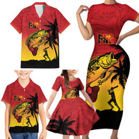 Custom Papua New Guinea Cricket Family Matching Short Sleeve Bodycon Dress and Hawaiian Shirt PNG Barramundis - Polynesian Pride