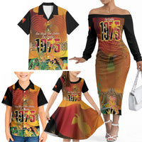 Personalised Papua New Guinea Independence Day Family Matching Off The Shoulder Long Sleeve Dress and Hawaiian Shirt One People One Nation One Country