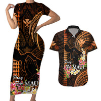 Hawaii Couples Matching Short Sleeve Bodycon Dress and Hawaiian Shirt Pray For Maui Hawaiian Plumeria Be Strong Gold Verison LT14 Gold - Polynesian Pride