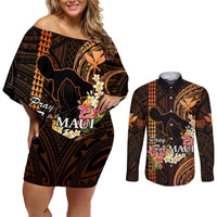 Personalised Hawaii Couples Matching Off Shoulder Short Dress and Long Sleeve Button Shirts Pray For Maui Hawaiian Plumeria Be Strong Gold Verison LT14 Gold - Polynesian Pride