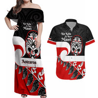 Personalised Te Reo Maori New Zealand Couples Matching Off Shoulder Maxi Dress and Hawaiian Shirt Kia Haka Maori Fern With Tino Rangatiratanga LT14 Red - Polynesian Pride