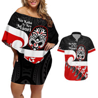Personalised Te Reo Maori New Zealand Couples Matching Off Shoulder Short Dress and Hawaiian Shirt Kia Haka Maori Fern With Tino Rangatiratanga LT14 Red - Polynesian Pride