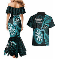 New Zealand Darts Couples Matching Mermaid Dress and Hawaiian Shirt Happiness Is A Tight Threesome Maori Turquoise LT14 - Polynesian Pride