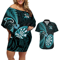 New Zealand Darts Couples Matching Off Shoulder Short Dress and Hawaiian Shirt Happiness Is A Tight Threesome Maori Turquoise LT14 Turquoise - Polynesian Pride