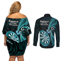 New Zealand Darts Couples Matching Off Shoulder Short Dress and Long Sleeve Button Shirts Happiness Is A Tight Threesome Maori Turquoise LT14 - Polynesian Pride