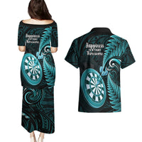 New Zealand Darts Couples Matching Puletasi Dress and Hawaiian Shirt Happiness Is A Tight Threesome Maori Turquoise LT14 - Polynesian Pride