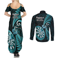 New Zealand Darts Couples Matching Summer Maxi Dress and Long Sleeve Button Shirts Happiness Is A Tight Threesome Maori Turquoise LT14 - Polynesian Pride