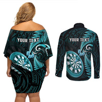 Personalised New Zealand Darts Couples Matching Off Shoulder Short Dress and Long Sleeve Button Shirts Happiness Is A Tight Threesome Maori Turquoise LT14 - Polynesian Pride