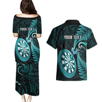 Personalised New Zealand Darts Couples Matching Puletasi Dress and Hawaiian Shirt Happiness Is A Tight Threesome Maori Turquoise LT14 - Polynesian Pride