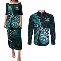 Personalised New Zealand Darts Couples Matching Puletasi Dress and Long Sleeve Button Shirts Happiness Is A Tight Threesome Maori Turquoise LT14 Turquoise - Polynesian Pride