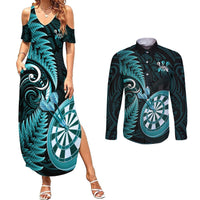 Personalised New Zealand Darts Couples Matching Summer Maxi Dress and Long Sleeve Button Shirts Happiness Is A Tight Threesome Maori Turquoise LT14 Turquoise - Polynesian Pride