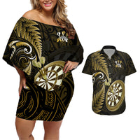 New Zealand Darts Couples Matching Off Shoulder Short Dress and Hawaiian Shirt Happiness Is A Tight Threesome Maori Gold LT14 Gold - Polynesian Pride