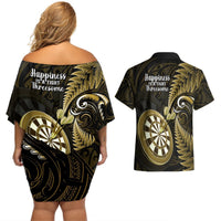 New Zealand Darts Couples Matching Off Shoulder Short Dress and Hawaiian Shirt Happiness Is A Tight Threesome Maori Gold LT14 - Polynesian Pride