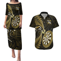 New Zealand Darts Couples Matching Puletasi Dress and Hawaiian Shirt Happiness Is A Tight Threesome Maori Gold LT14 Gold - Polynesian Pride
