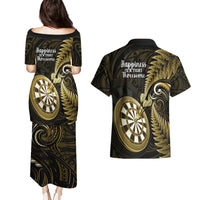 New Zealand Darts Couples Matching Puletasi Dress and Hawaiian Shirt Happiness Is A Tight Threesome Maori Gold LT14 - Polynesian Pride