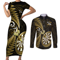 New Zealand Darts Couples Matching Short Sleeve Bodycon Dress and Long Sleeve Button Shirts Happiness Is A Tight Threesome Maori Gold LT14 Gold - Polynesian Pride