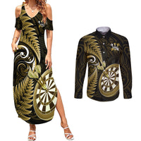 New Zealand Darts Couples Matching Summer Maxi Dress and Long Sleeve Button Shirts Happiness Is A Tight Threesome Maori Gold LT14 Gold - Polynesian Pride