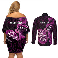 Personalised New Zealand Darts Couples Matching Off Shoulder Short Dress and Long Sleeve Button Shirts Happiness Is A Tight Threesome Maori Pink LT14 - Polynesian Pride