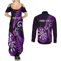 Personalised New Zealand Darts Couples Matching Summer Maxi Dress and Long Sleeve Button Shirts Happiness Is A Tight Threesome Maori Purple LT14 - Polynesian Pride