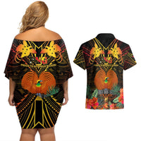 Papua New Guinea Central Province Couples Matching Off Shoulder Short Dress and Hawaiian Shirt Papua Niugini Coat Of Arms With Flag Style LT14 - Polynesian Pride