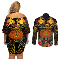 Papua New Guinea Chimbu Province Couples Matching Off Shoulder Short Dress and Long Sleeve Button Shirts Papua Niugini Coat Of Arms With Flag Style LT14 - Polynesian Pride