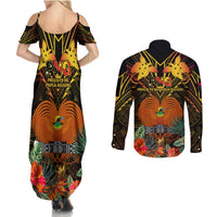 Papua New Guinea Chimbu Province Couples Matching Summer Maxi Dress and Long Sleeve Button Shirts Papua Niugini Coat Of Arms With Flag Style LT14 - Polynesian Pride