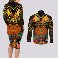 Papua New Guinea Western Province Couples Matching Long Sleeve Bodycon Dress and Long Sleeve Button Shirts Papua Niugini Coat Of Arms With Flag Style LT14 - Polynesian Pride