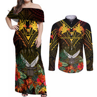 Papua New Guinea Western Province Couples Matching Off Shoulder Maxi Dress and Long Sleeve Button Shirts Papua Niugini Coat Of Arms With Flag Style LT14 Black - Polynesian Pride